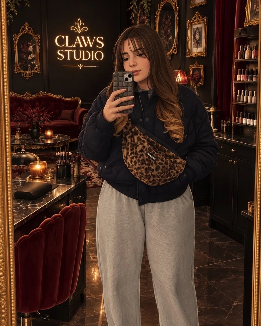 Éloïse, la prothésiste ongulaire de Claws Studio, en selfie dans le miroir du salon